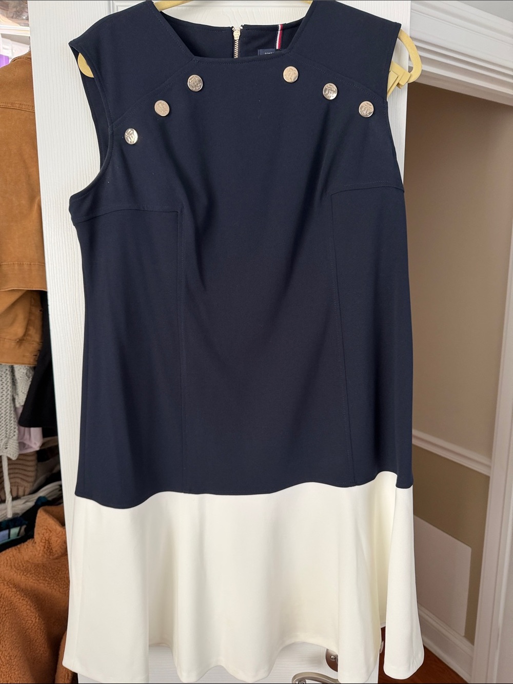 Tommy Hilfiger Navy and White Sleeveless Shift Dress with Gold Buttons Nautical